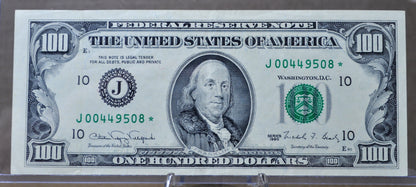 1990 US 100 Dollar Low Serial Number Star Note - 00449508 - Kansas City (J) Issue - 1990 One Hundred Dollar Star Note - Fr#2173-J*