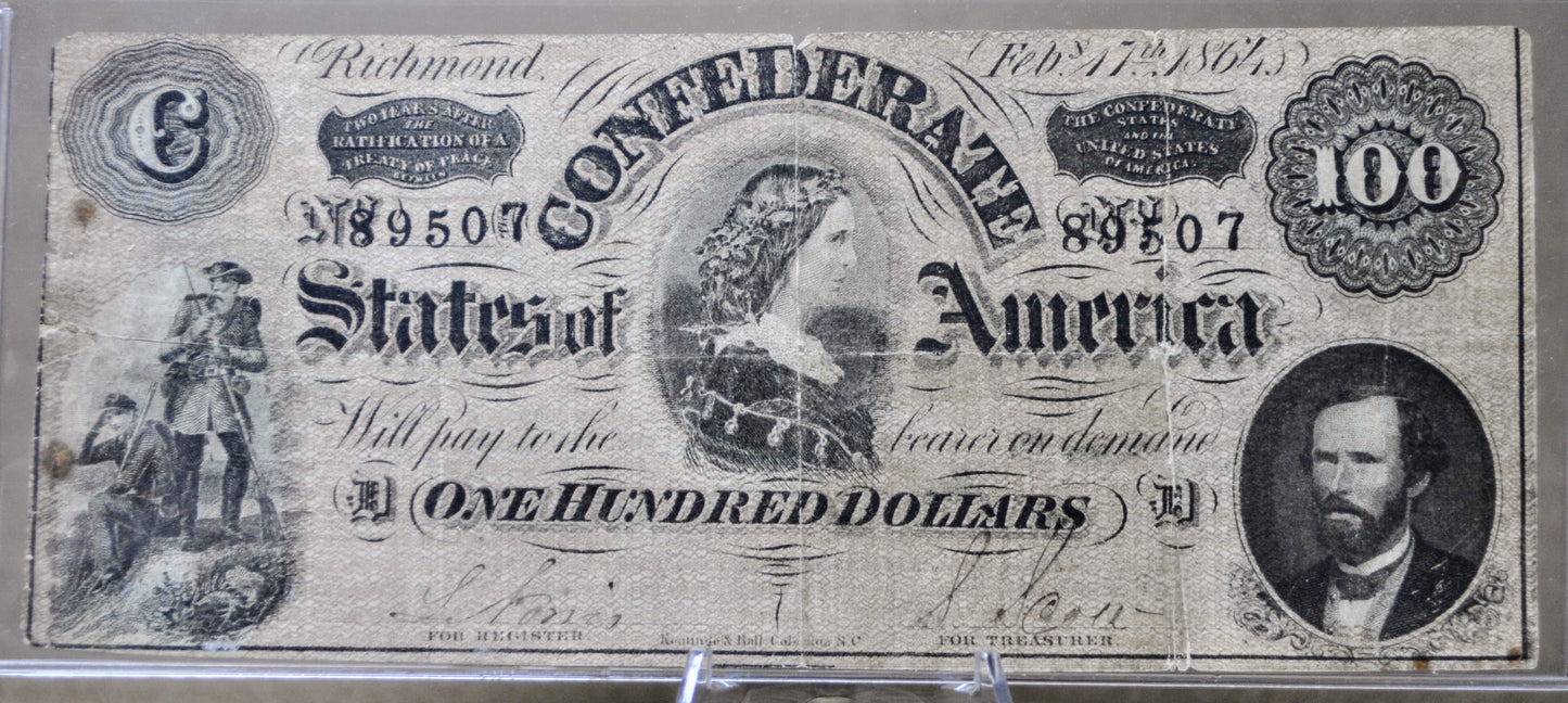 1864 Confederate States of America 100 Dollar Note - Lucy Pickens Type - 1864 One Hundred Dollar Confederacy Banknote - CS-65/T-65