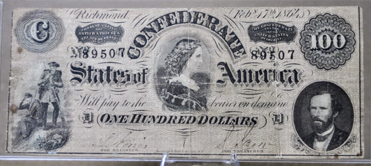 1864 Confederate States of America 100 Dollar Note - Lucy Pickens Type - 1864 One Hundred Dollar Confederacy Banknote - CS-65/T-65