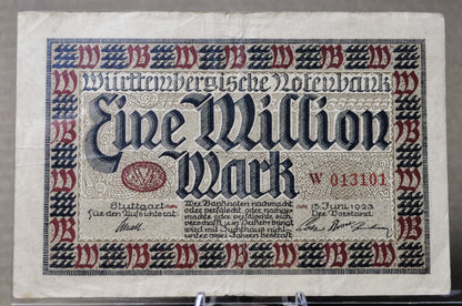 1923 Wurttembergische Notenbank 1 Million Marks Notgeld - Rarer German Inflation Note - 1923 Germany One Million Mark Note - P#S986
