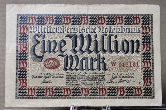 1923 Wurttembergische Notenbank 1 Million Marks Notgeld - Rarer German Inflation Note - 1923 Germany One Million Mark Note - P#S986