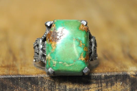 Green Copper Turquoise Ring - Size 4.5 -  Stamped and Tested Sterling Silver - Detailed Scrollwork - Soldered Jewelry