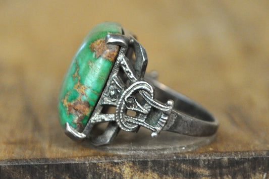 Green Copper Turquoise Ring - Size 4.5 -  Stamped and Tested Sterling Silver - Detailed Scrollwork - Soldered Jewelry