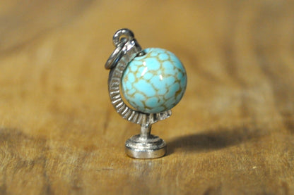 Spinning Blue Turquoise Globe Charm - Tested Sterling Silver - Moveable Charms - World and Travel Charms