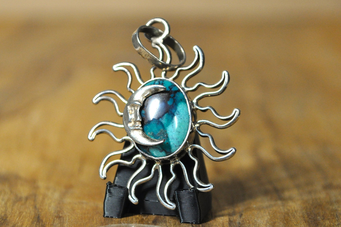 Beautiful Turquoise Crescent Moon and Sun Charm - Stamped and Tested Sterling Silver - Anthropomorphic Moon