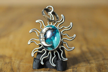 Beautiful Turquoise Crescent Moon and Sun Charm - Stamped and Tested Sterling Silver - Anthropomorphic Moon