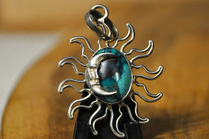 Beautiful Turquoise Crescent Moon and Sun Charm - Stamped and Tested Sterling Silver - Anthropomorphic Moon