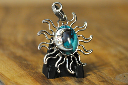 Beautiful Turquoise Crescent Moon and Sun Charm - Stamped and Tested Sterling Silver - Anthropomorphic Moon