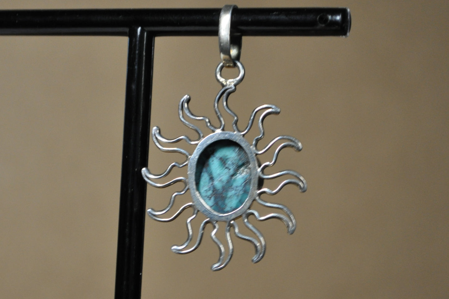 Beautiful Turquoise Crescent Moon and Sun Charm - Stamped and Tested Sterling Silver - Anthropomorphic Moon
