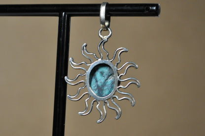 Beautiful Turquoise Crescent Moon and Sun Charm - Stamped and Tested Sterling Silver - Anthropomorphic Moon