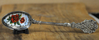 Vintage June Rose Enamel Souvenir Spoon - Antique Souvenir Spoon June Rose