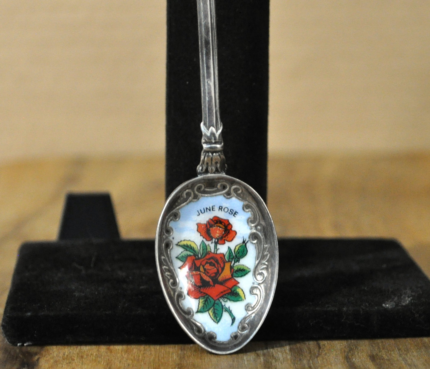 Vintage June Rose Enamel Souvenir Spoon - Antique Souvenir Spoon June Rose