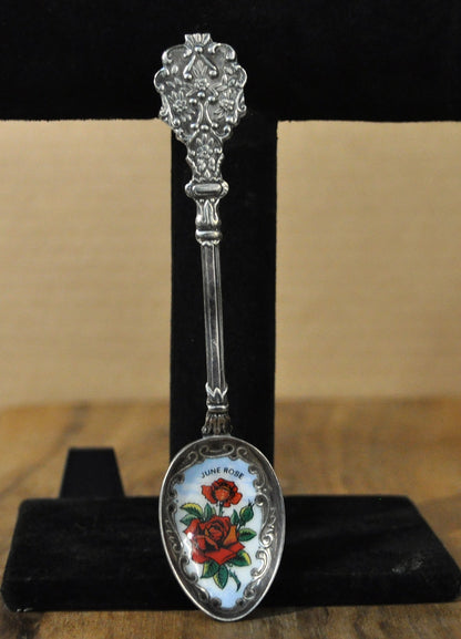 Vintage June Rose Enamel Souvenir Spoon - Antique Souvenir Spoon June Rose