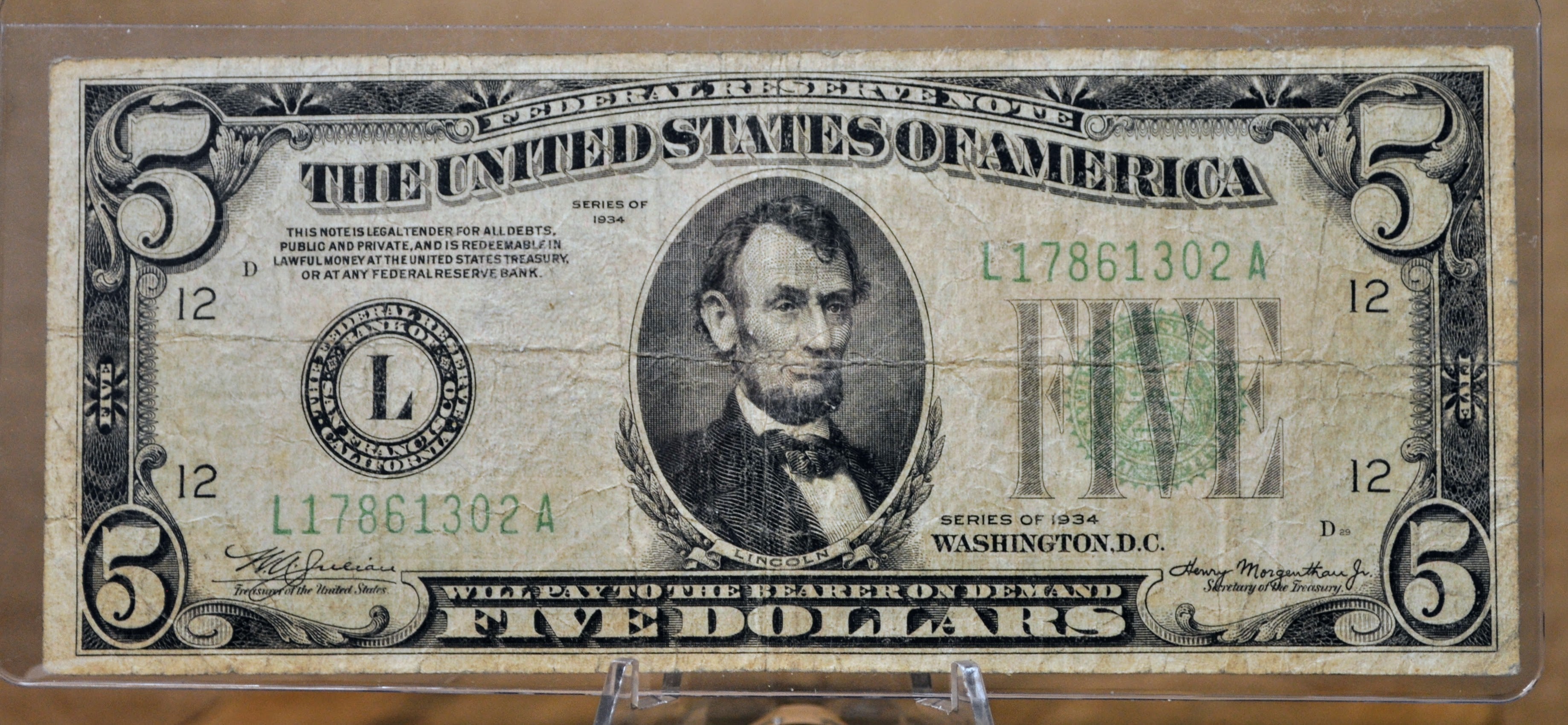 1934 Federal Reserve 5 Dollar MULE Note - San Francisco (L) Bank Issue ...