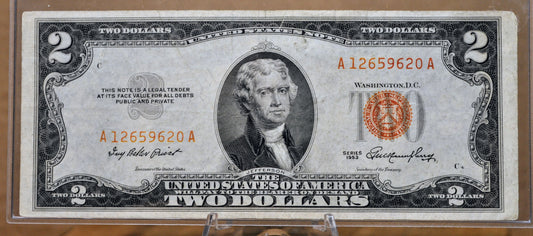 1953 US 2 Dollar Legal Tender Faded Ink Note - Contaminated Orange/Brown Ink Error - 1953 Two Dollar Orange Red Ink Error Note - Fr#1509
