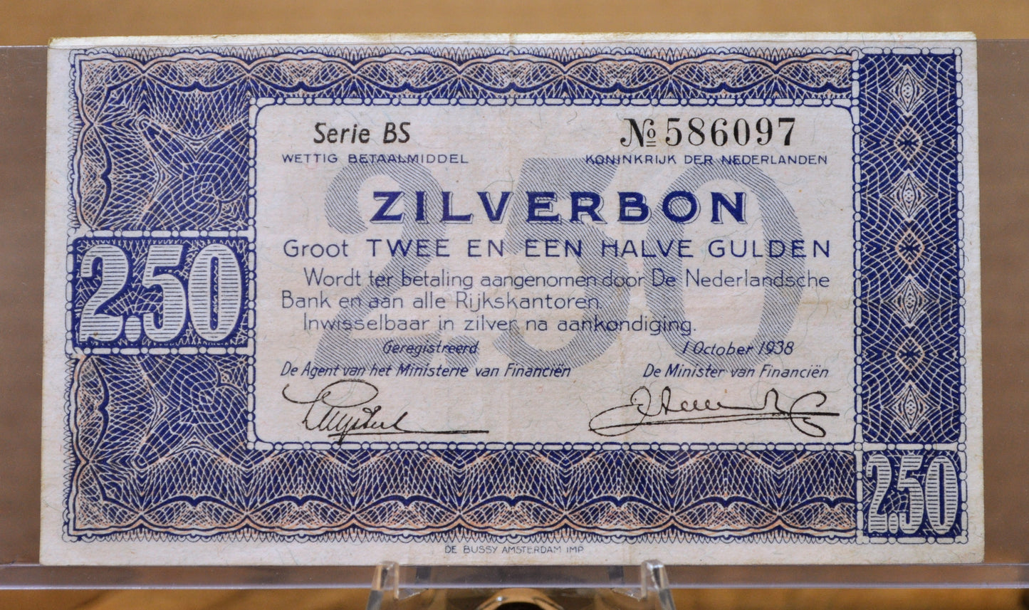 1938 Netherlands Zilverbon 2.50 Gulden Note - Silver Certificate - Rare Denomination - 1938 Netherlands Two and a Half Gulden Note - P#62
