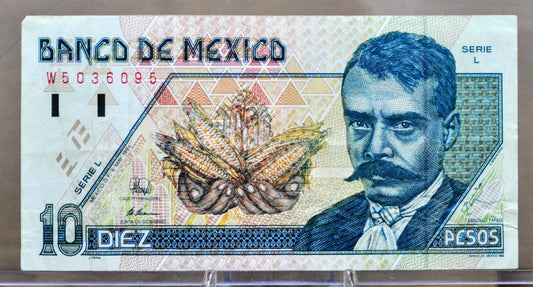 1994 Bank of Mexico 10 Pesos Note - Series L - Very Fine (VF) - Emiliano Zapata Note - 1994 Mexico Ten Peso Banknote - P#105a