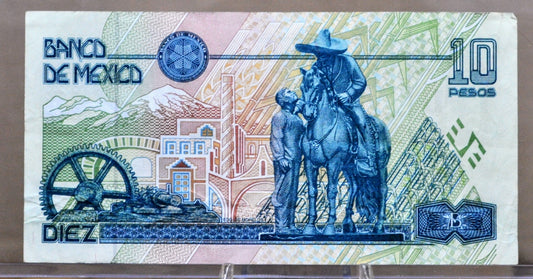 1994 Bank of Mexico 10 Pesos Note - Series L - Very Fine (VF) - Emiliano Zapata Note - 1994 Mexico Ten Peso Banknote - P#105a
