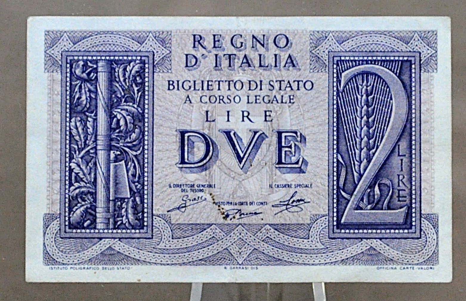 1939 Kingdom of Italy 2 Lire Note - Biglietto di Stato - World War 2 I ...