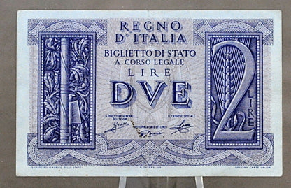 1939 Kingdom of Italy 2 Lire Note - Biglietto di Stato - World War 2 Italy Note - 1939 Italian Two Lire WW2 Banknote - P#27