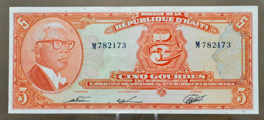 1980-82 (ND) Republic of Haiti 5 Gourdes Banknote - Prefix M - Uncirculated (UNC) - 1980 Haitian Cinq Five Gourdes Note - P#232