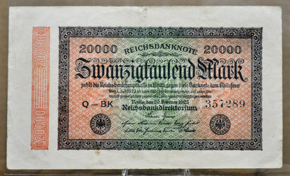 1923 Germany 20,000 Mark Note - Reichsbanknote - Small Circles Watermark - German Inflation note - 1923 Twenty Thousand Mark Note - P#85a