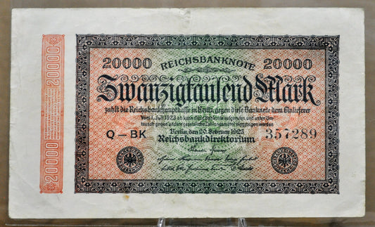 1923 Germany 20,000 Mark Note - Reichsbanknote - Small Circles Watermark - German Inflation note - 1923 Twenty Thousand Mark Note - P#85a