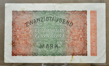 1923 Germany 20,000 Mark Note - Reichsbanknote - Small Circles Watermark - German Inflation note - 1923 Twenty Thousand Mark Note - P#85a