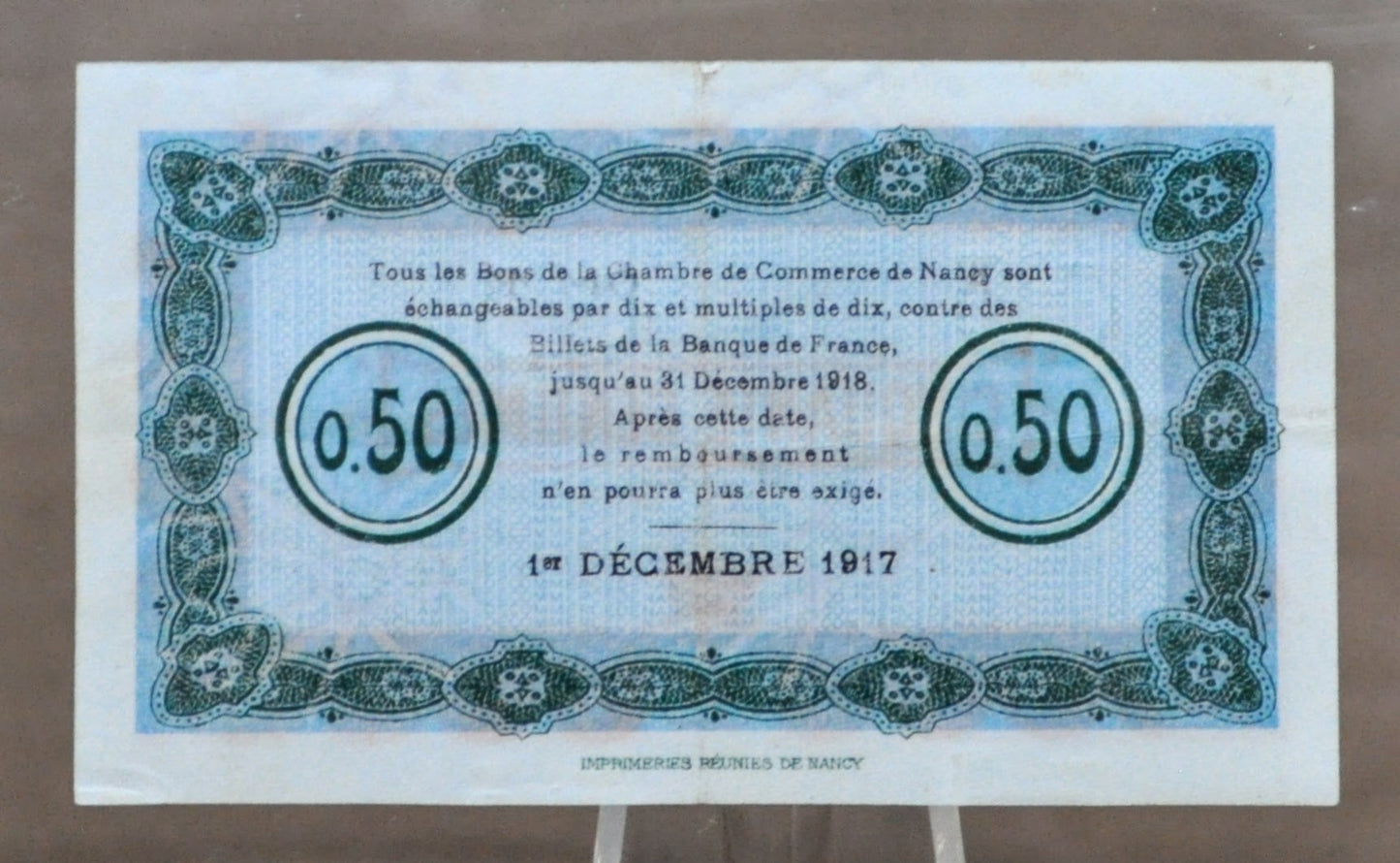 1917 France Chamber of Commerce of Nancy 50 Centimes Note - Local Emergency Note - 1917 Nancy Chamber of Commerce Fifty Centimes Note