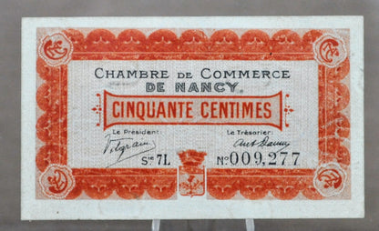 1917 France Chamber of Commerce of Nancy 50 Centimes Note - Local Emergency Note - 1917 Nancy Chamber of Commerce Fifty Centimes Note