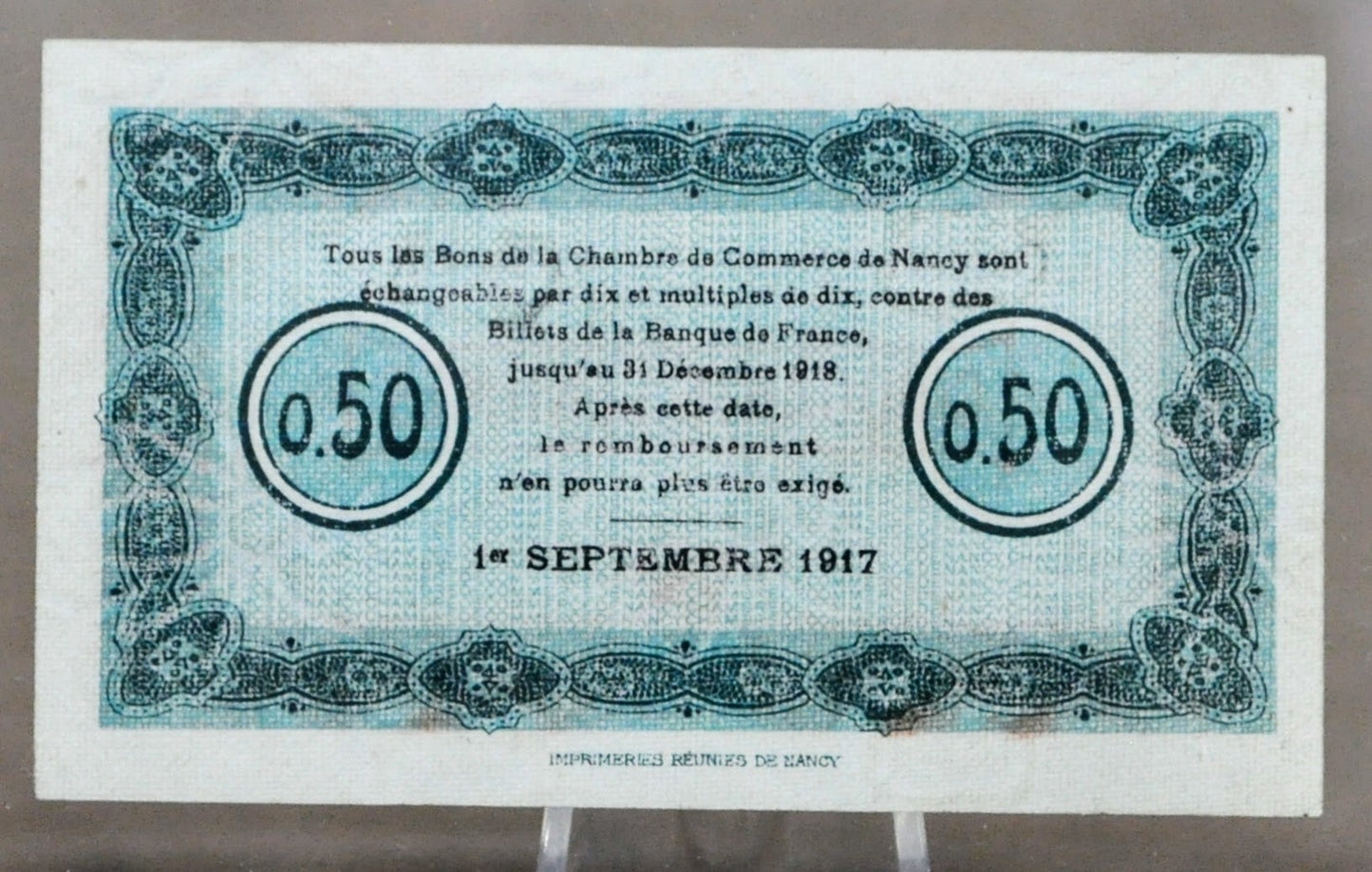 1917 France Chamber of Commerce of Nancy 50 Centimes Note - Local Emergency Note - 1917 Nancy Chamber of Commerce Fifty Centimes Note