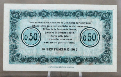 1917 France Chamber of Commerce of Nancy 50 Centimes Note - Local Emergency Note - 1917 Nancy Chamber of Commerce Fifty Centimes Note
