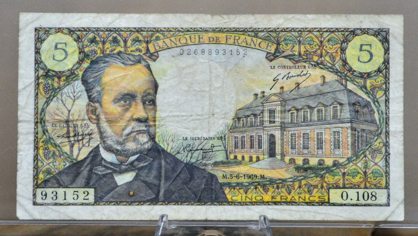 1969 Bank of France 5 Francs Note - Louis Pasteur Type, Dated 5-6-1969 - Very Fine (VF) - 1969 French Cinq Five Francs Banknote - P#146b