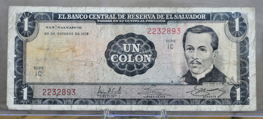 1972 El Salvador 1 Colon Note - Series IC, Reverse Dated Feb 17th 1975 - 1972/75 El Salvadorian One Colon Banknote - P#115a