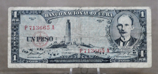 1957 Cuba 1 Peso Banknote - Suffix A - Rarer Series of 1957 - Jose Marti Type - 1957 Banco Nacional de Cuba One Peso Note - P#87b