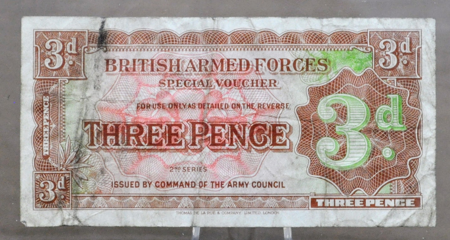 1948 British Armed Forces 3 Pence Special Voucher Note - 2nd Series, Metal Security Strip - 1948 Three Pence British Military Note - P#M16a
