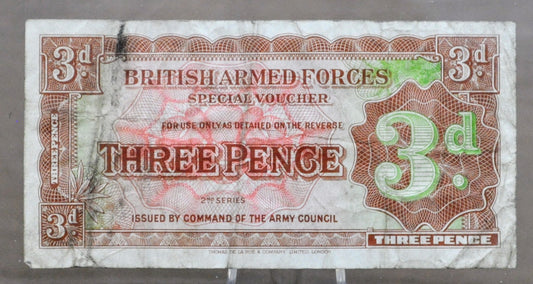 1948 British Armed Forces 3 Pence Special Voucher Note - 2nd Series, Metal Security Strip - 1948 Three Pence British Military Note - P#M16a