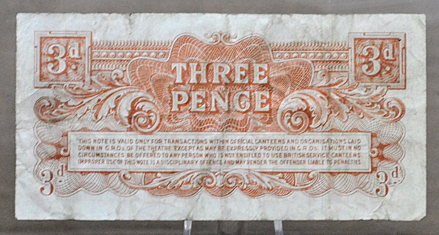 1948 British Armed Forces 3 Pence Special Voucher Note - 2nd Series, Metal Security Strip - 1948 Three Pence British Military Note - P#M16a