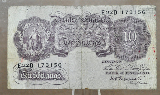 1940 Bank of England 10 Shillings Banknote - K. O. Peppiatt Signature, First Issue - 1940 Ten Shillings Bank of England Banknote - P#366