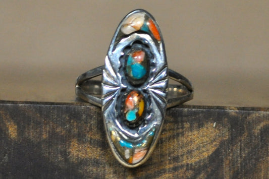 Santa Fe Spiny Turquoise and Coral Ring - Size 10 - Stamped and Tested Sterling Silver - Native Southwest Jewelry