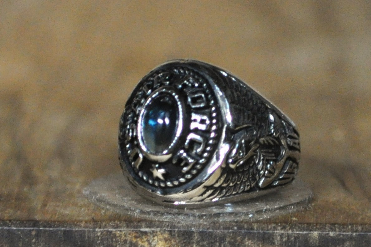 US Air Force Sapphire Class Ring Charm - Stamped and Tested Sterling Silver - Military Jewelry - Class Ring Charm