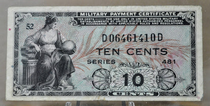1951 U.S. Military 10 Cent Payment Certificate - Series 481 - 1951 United States Military Payment Certificate MPC Ten Cents Note - P#M23a