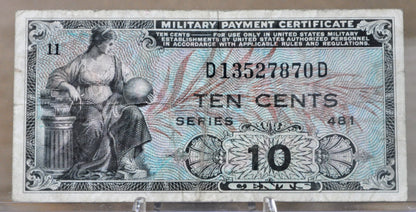 1951 U.S. Military 10 Cent Payment Certificate - Series 481 - 1951 United States Military Payment Certificate MPC Ten Cents Note - P#M23a