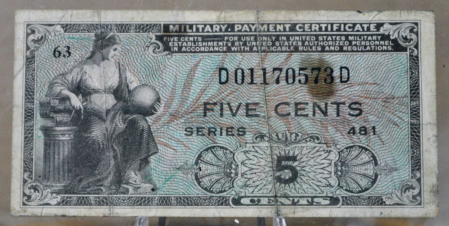 1951 U.S. Military 5 Cent Payment Certificate - Series 481 - 1951 United States Military Payment Certificate MPC Five Cents Note - P#M22a