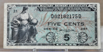 1951 U.S. Military 5 Cent Payment Certificate - Series 481 - 1951 United States Military Payment Certificate MPC Five Cents Note - P#M22a