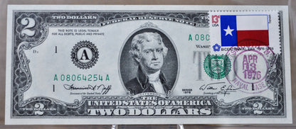1976 Bicentennial 2 Dollar Texas Flag Stamp Note - First Day of Issue Portsmouth Naval Base - 1976 Two Dollar First Issue Stamp Banknote