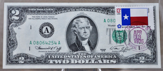 1976 Bicentennial 2 Dollar Texas Flag Stamp Note - First Day of Issue Portsmouth Naval Base - 1976 Two Dollar First Issue Stamp Banknote