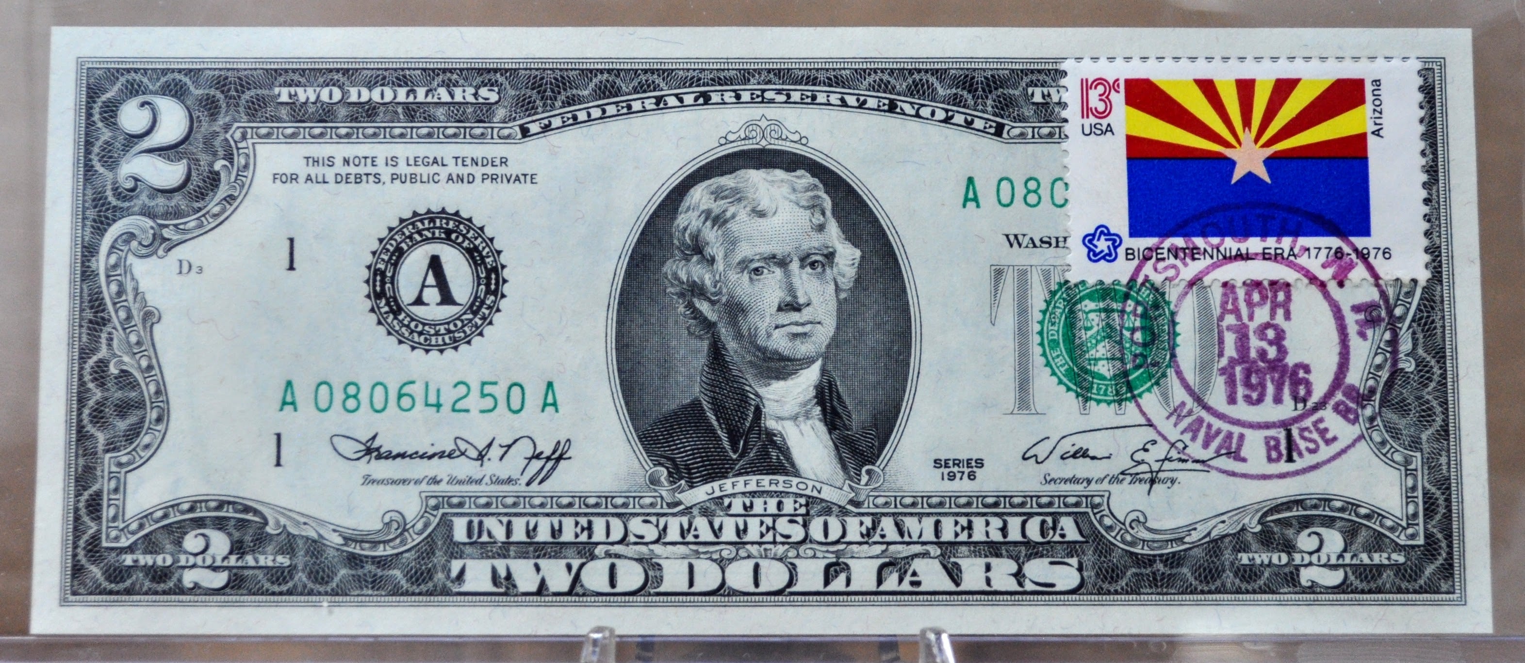 1976 Bicentennial 2 Dollar Arizona Flag Stamp Note - First Day of Issu ...