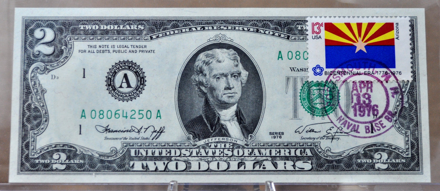 1976 Bicentennial 2 Dollar Arizona Flag Stamp Note - First Day of Issue Portsmouth Naval Base - 1976 Two Dollar First Issue Stamp Banknote