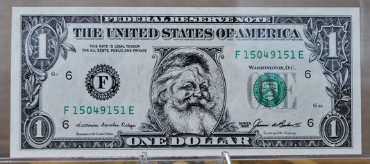 1985 Santa Claus Federal Reserve 1 Dollar Note - Novelty Santa Portrait, Charity Gift - 1985 Christmas Santa Novelty One Dollar Note